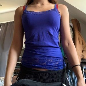 Blue tank top with lace edging